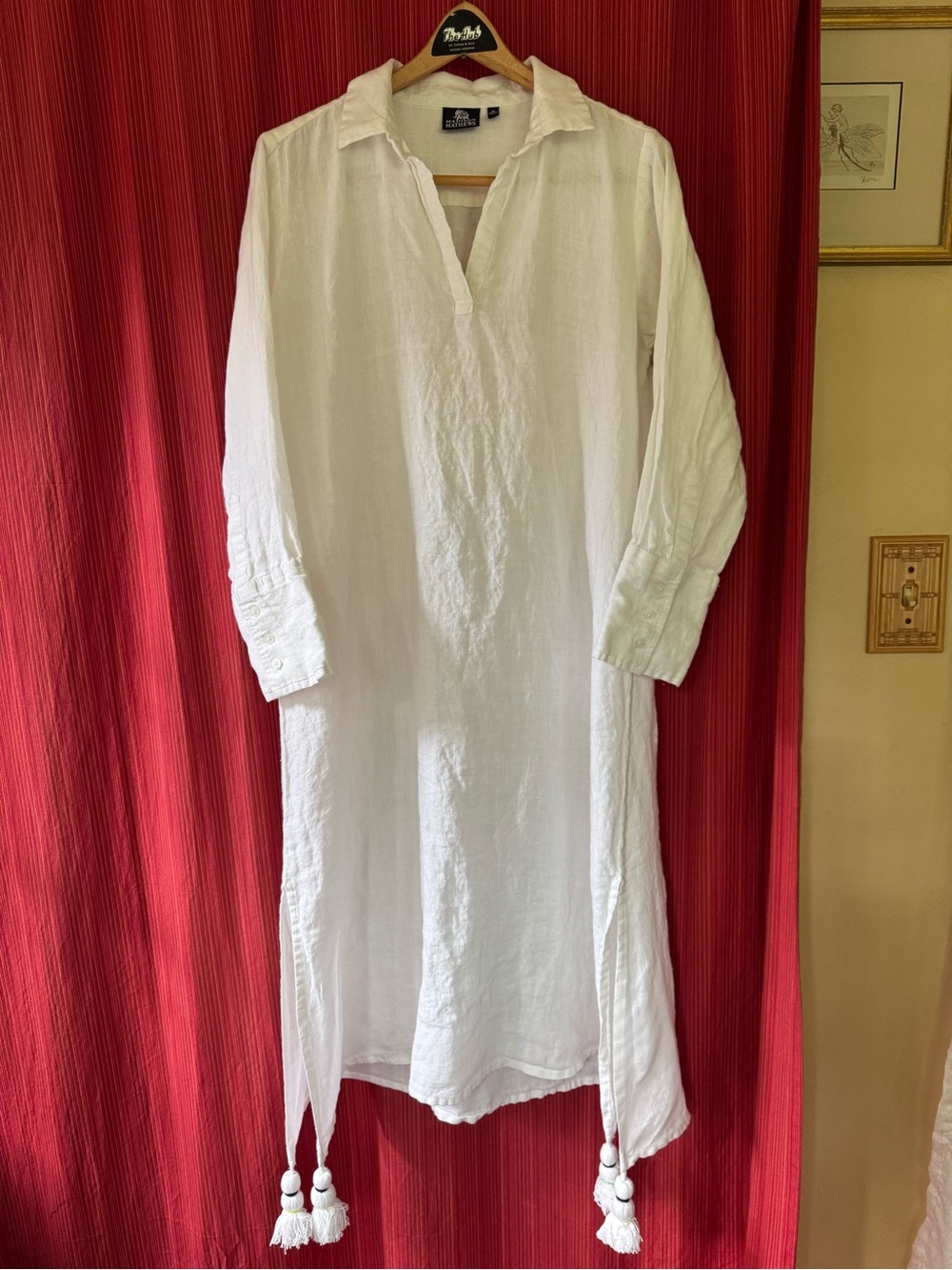 Madison Mathews White 100% Linen Maxi Tunic Kaftan Dress with Tassels Size Med